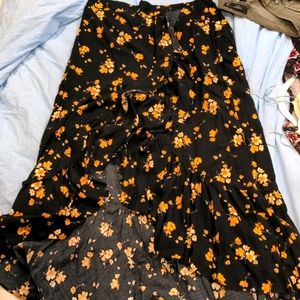 Black flora high low ruffled skirt